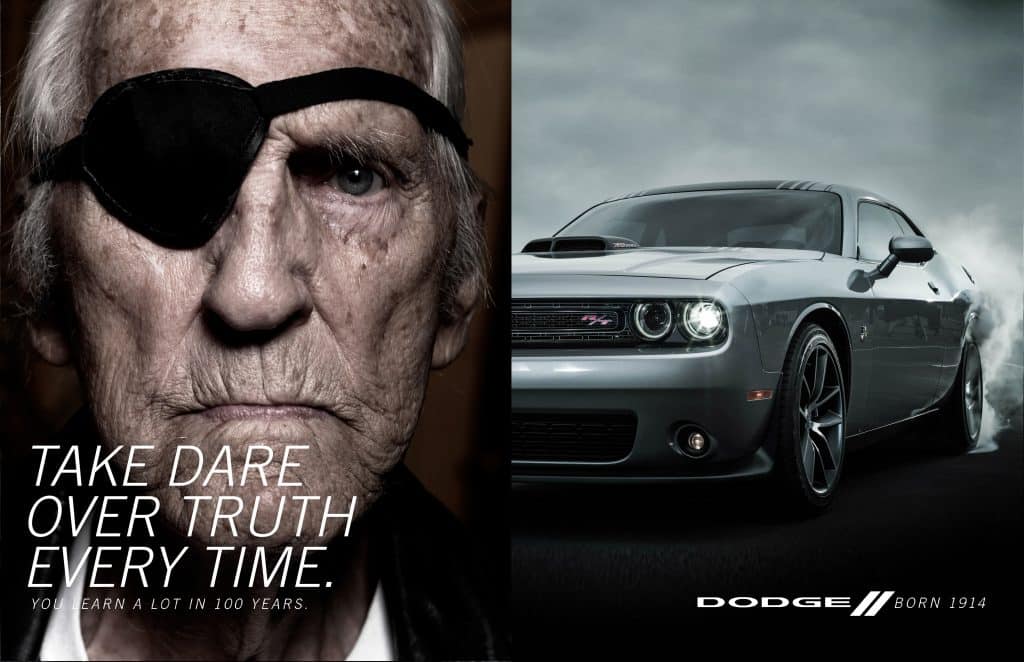 Dodge: Elderly man with eye patch and text Take dare over truth every time