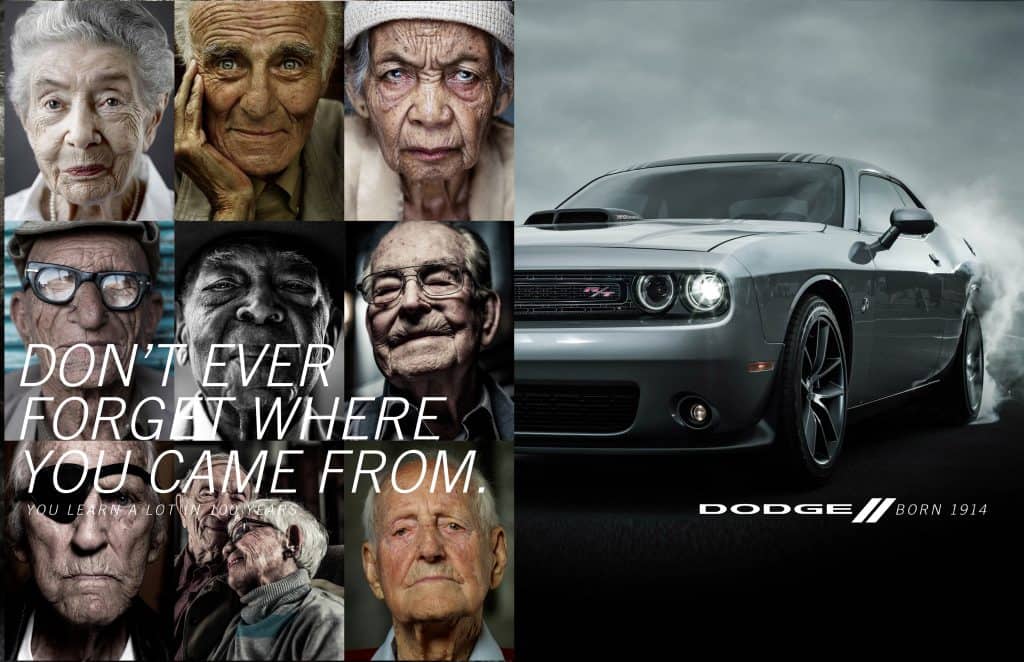 Dodge: Elderly people with text Don't Ever Forget Where You Came From